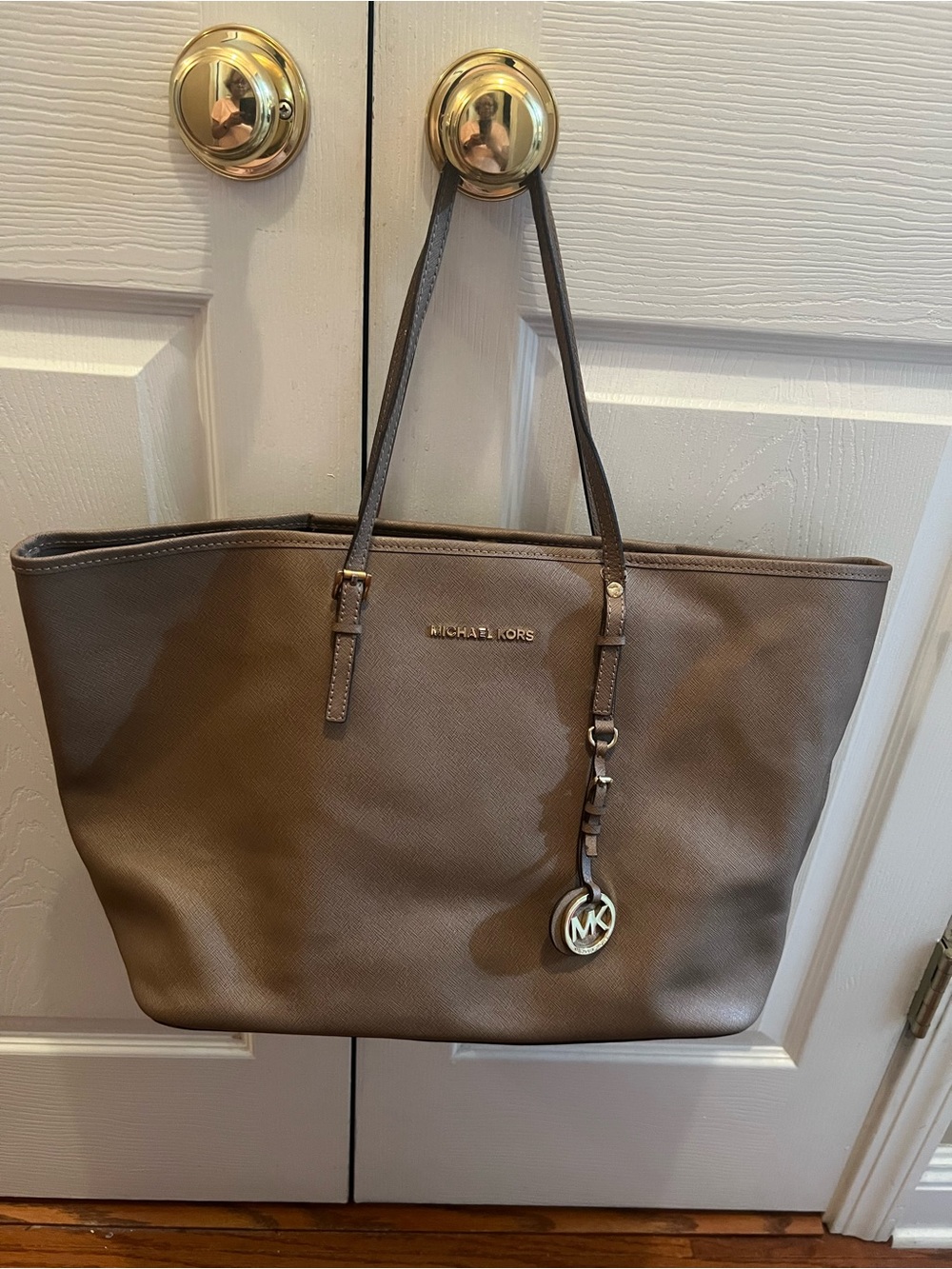 Michael Kors Taupe Brown Leather Tote with MK Charm